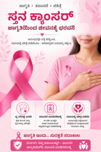 ಗುಲಾಬಿ ಥೀಮ್‌ನಲ್ಲಿರುವ ಕನ್ನಡದ ಸ್ತನ ಕ್ಯಾನ್ಸರ್ ಜಾಗೃತಿ ಪೋಸ್ಟರ್. ದೊಡ್ಡ ಪಿಂಕ್ ರಿಬನ್, ಸ್ವಯಂ ಸ್ತನ ಪರೀಕ್ಷೆ ಮಾಡುತ್ತಿರುವ ಮಹಿಳೆಯ ಸಿಲೂಯೆಟ್, ಜಾಗೃತಿ, ತಪಾಸಣೆ ಮತ್ತು ಚಿಕಿತ್ಸೆ ಕುರಿತು ಮಾಹಿತಿ ವಿಭಾಗಗಳನ್ನು ಒಳಗೊಂಡಿದೆ. ವ್ಯಾಯಾಮ, ಆರೋಗ್ಯಕರ ಆಹಾರ, ಧೂಮಪಾನ ಮತ್ತು ಮದ್ಯಪಾನ ತ್ಯಜಿಸುವುದು, ಒತ್ತಡ ನಿಯಂತ್ರಣ ಹಾಗೂ ಬೇಗ ಪತ್ತೆಹಚ್ಚುವಿಕೆಯ ಮಹತ್ವವನ್ನು ತಿಳಿಸುವ ಆರೋಗ್ಯ ಚಿಹ್ನೆಗಳೊಂದಿಗೆ ಸ್ತನ ಕ್ಯಾನ್ಸರ್ ಜಾಗೃತಿ ಮತ್ತು ತಡೆ ಕುರಿತು ಸಂದೇಶವನ್ನು ನೀಡುತ್ತದೆ.