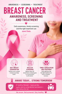 English Alt Text:
“Vertical breast cancer awareness infographic poster in Kannada with a pink theme, featuring a large pink ribbon, silhouette of a woman performing self-breast examination, and sections on awareness, screening, and treatment. The poster includes health icons for exercise, healthy diet, avoiding tobacco and alcohol, stress management, and early detection messages promoting breast cancer awareness and prevention.