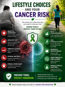  infographic poster about lifestyle choices and cancer risk, featuring a split-screen design with unhealthy habits on the left and healthy lifestyle practices on the right. The poster includes images of obesity, junk food, smoking, stress, and inactivity contrasted with jogging, healthy eating, maintaining ideal weight, avoiding tobacco and alcohol, and stress management. A green cancer-awareness ribbon and bold Kannada text emphasize that healthy lifestyle changes can reduce cancer risk