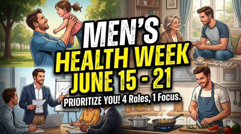 O master of the house who protects everyone... do not forget yourself! shows images of a man being a good dad, son, employee and husband with the caption men's health week june 15-21